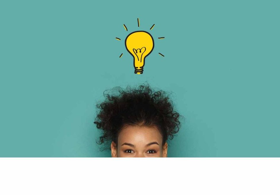 Brainstorming and inspiration concept. Glowing idea lamp above african woman head, turquoise panorama background
