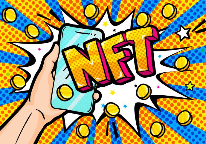 Concept of non fungible token. Hand holding a phone with Text NFT in pop art style. Pay for unique collectibles in games or art. Vector illustration.